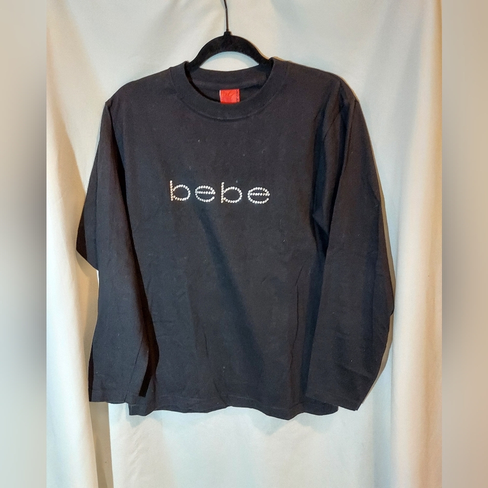 VINTAGE BEBE Black Rhinestone Logo Long Sleeve - RARE JNCO Tag - Y2K - EUC